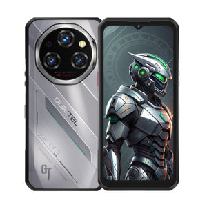 OUKITEL WP62 silver rugged smartphone with a 108MP HD camera and a shockproof, waterproof design. The front displays a vibrant, futuristic robot image, emphasizing the phone's durability and high-definition display capabilities.