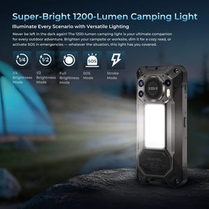 WP61 Ultra Rugged Phone featuring super-bright 1200-lumen camping light with versatile lighting modes including full brightness, half brightness, strobe, and SOS for outdoor adventures and emergencies.