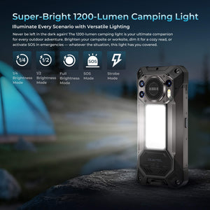 WP61 Ultra Rugged Phone featuring super-bright 1200-lumen camping light with versatile lighting modes including full brightness, half brightness, strobe, and SOS for outdoor adventures and emergencies.