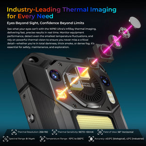 WP61 Ultra Rugged Phone featuring industry-leading InfiRay thermal imaging technology with 256x192 thermal resolution, NETD <50mK sensitivity, and -10℃ to 550℃ temperature range for precise equipment monitoring, hotspot detection, and visibility through total darkness, smoke, and fog.