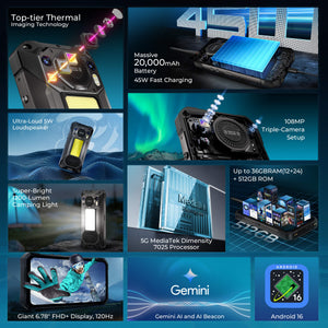 WP61 Ultra Rugged Phone with top-tier thermal imaging technology, massive 20,000mAh battery with 45W fast charging, 108MP triple-camera setup, ultra-loud 5W speaker, and 6.78" FHD+ 120Hz display featuring Android 16 with Gemini AI and MediaTek Dimensity 7025 5G processor.