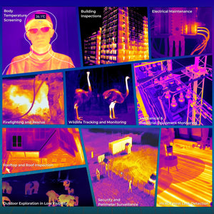 WP61 Ultra Rugged Phone displaying industrial applications including electrical maintenance, thermal imaging for HVAC heat leak detection, and drone base mapping for outdoor exploration and wildlife monitoring.
