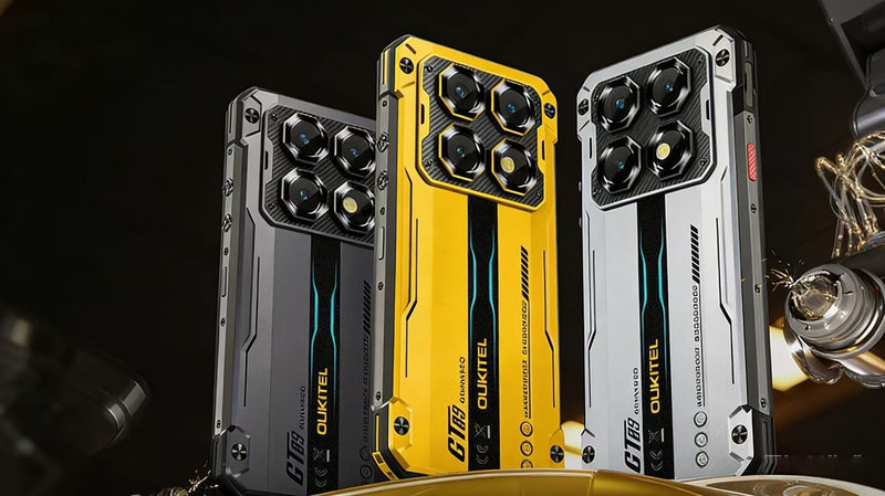 OUKITEL rugged phones displayed in black, yellow, and silver