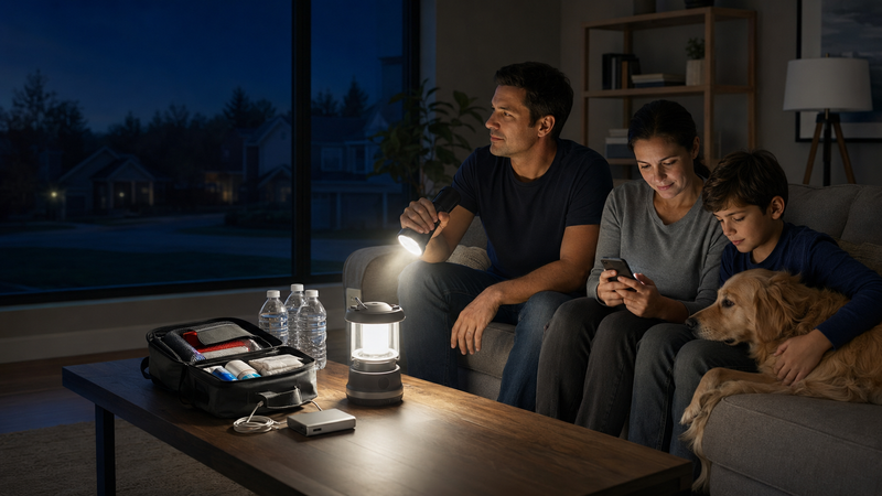 Family preparing emergency supplies during a nighttime power outage
