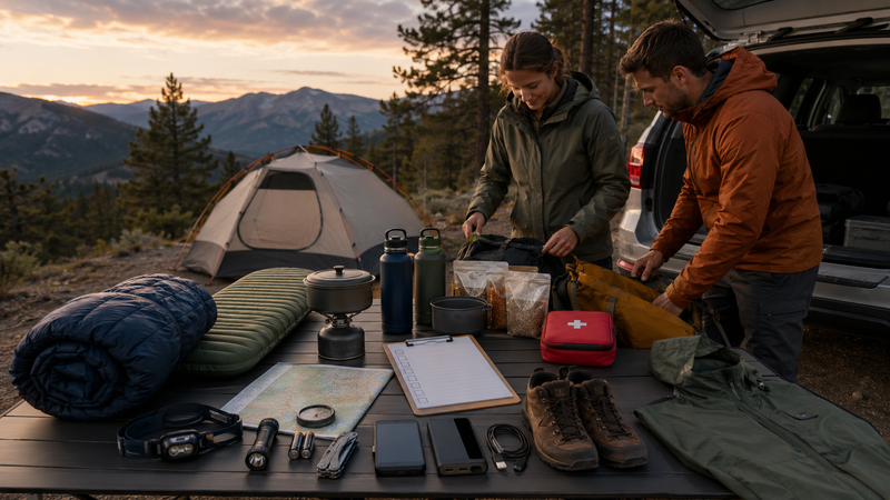 Campers organizing essential gear with a printable camping checklist
