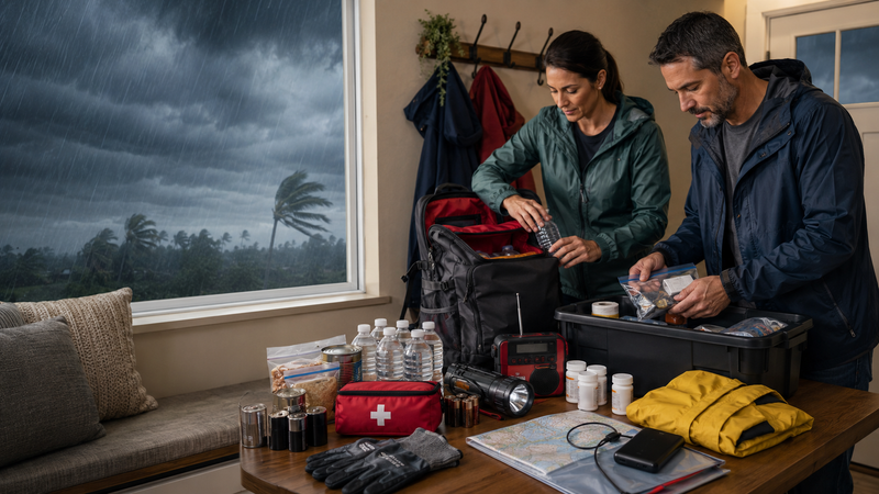 Family packing a hurricane emergency kit before a storm