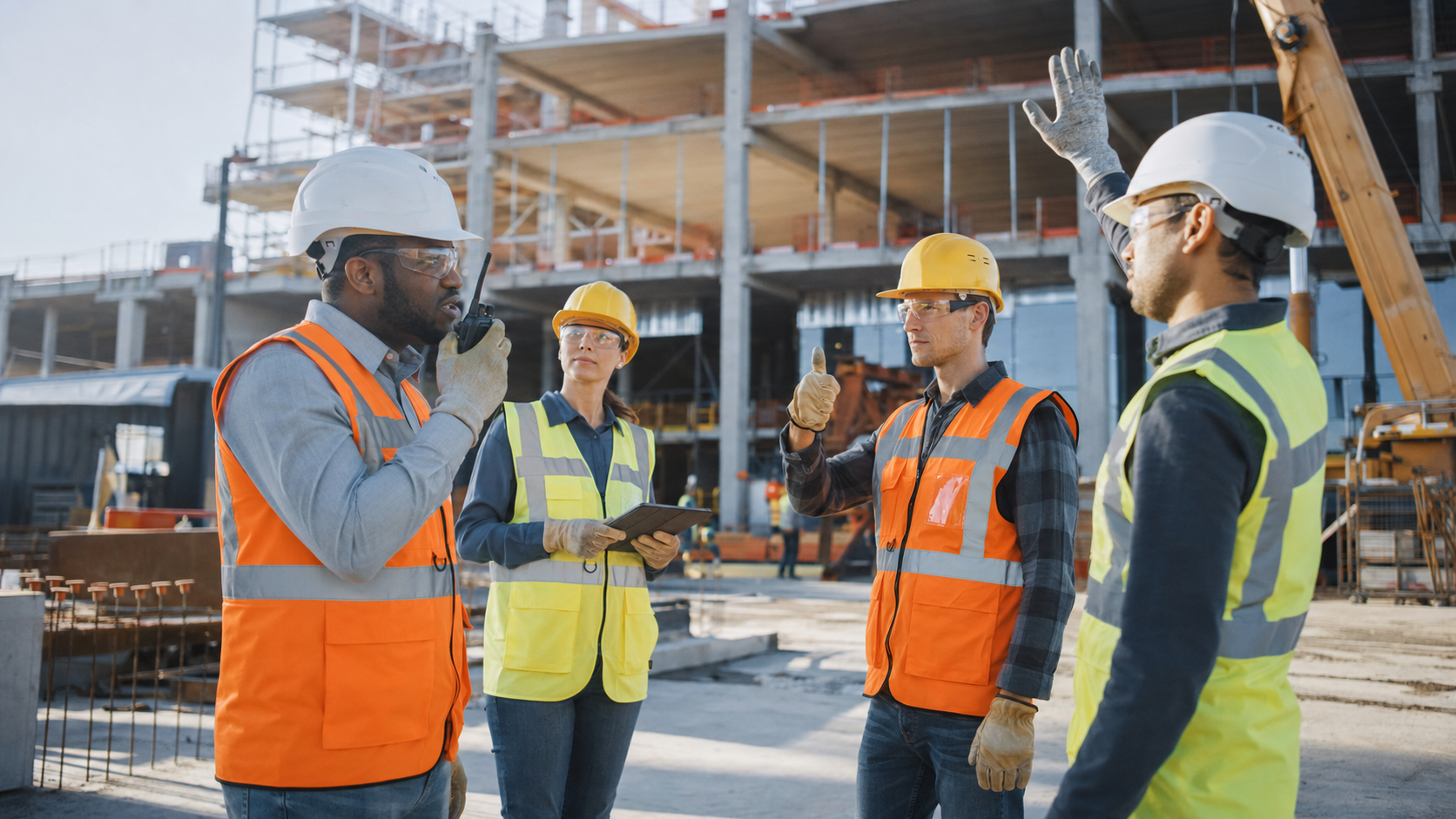 Construction site communication using radios and hand signals for safer teamwork