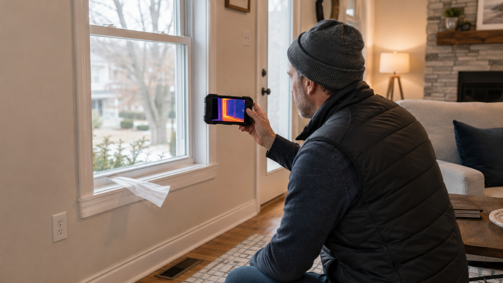 Homeowner using thermal imaging to find air leaks around a house window