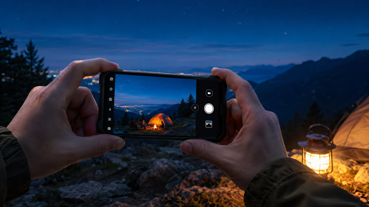 OUKITEL rugged phone taking night photos at a campsite