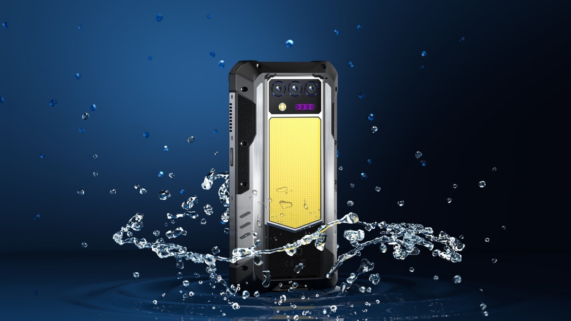 OUKITEL rugged phone shown with water splash effect