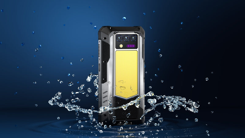 OUKITEL rugged phone shown with water splash effect