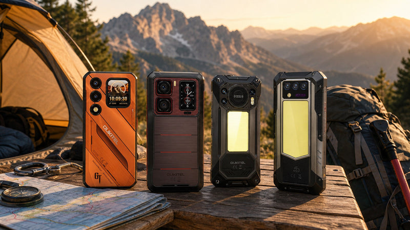 OUKITEL WP66, WP300, WP61 Plus, and WP100 Titan rugged phones at a mountain basecamp