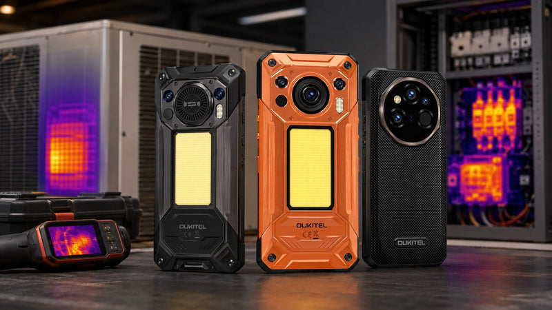 OUKITEL WP500 Ultra, WP61 Ultra and WP55 Ultra thermal imaging phones in an industrial workspace