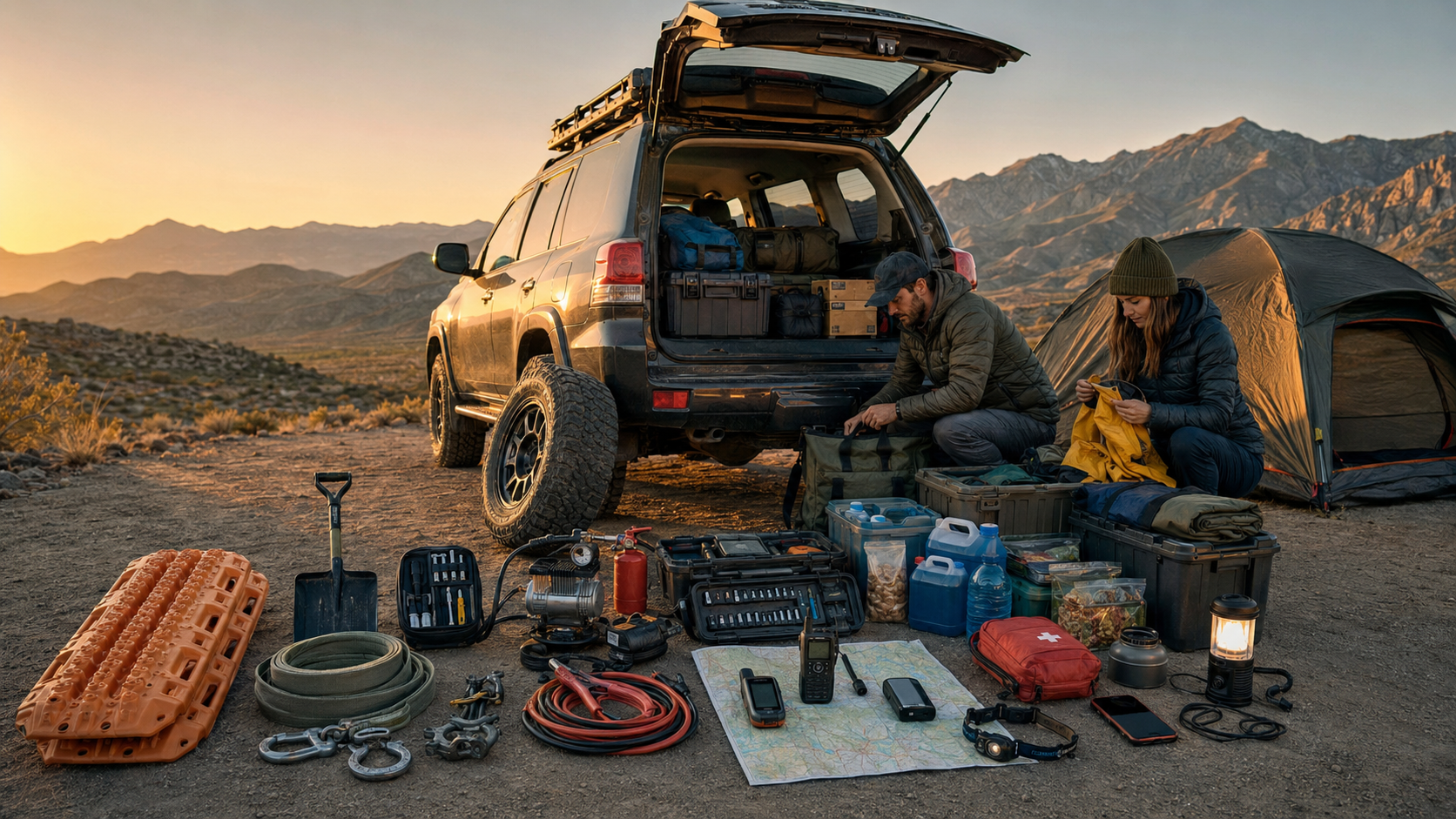 Overlanders organizing recovery gear beside a four-wheel-drive vehicle at a remote campsite