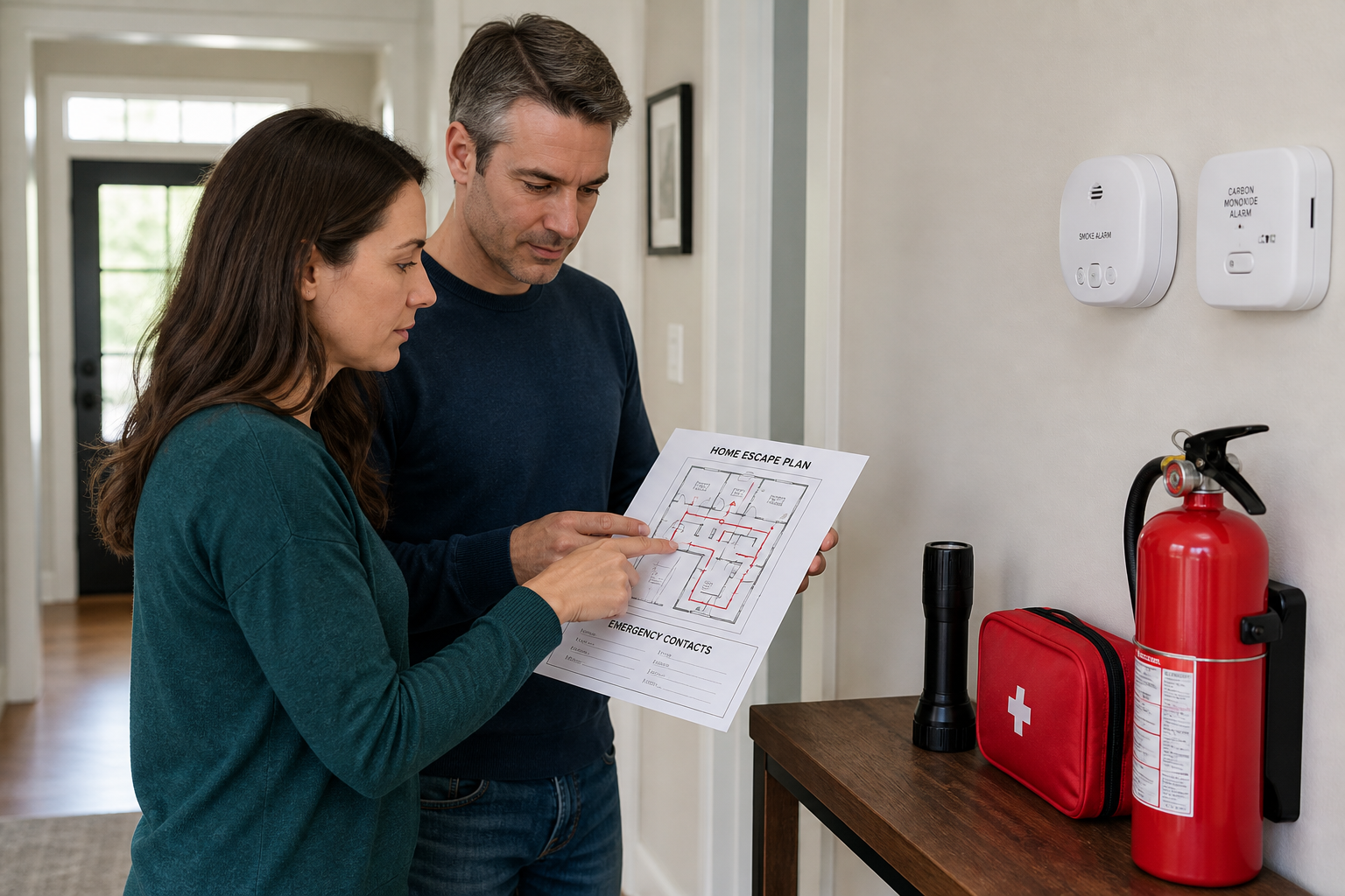 Two adults review a home fire escape plan beside working smoke alarms, a fire extinguisher, emergency contacts, and a clear exit route