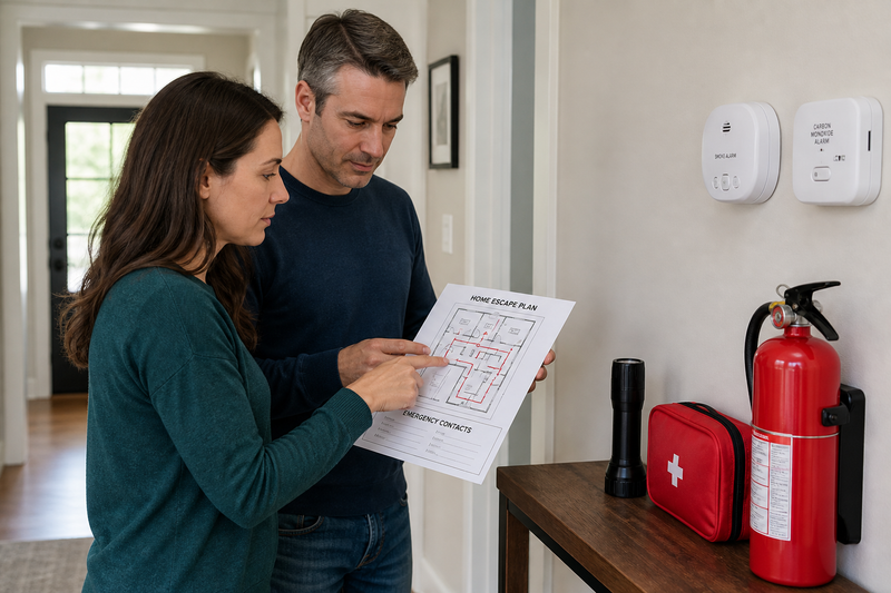 Two adults review a home fire escape plan beside working smoke alarms, a fire extinguisher, emergency contacts, and a clear exit route
