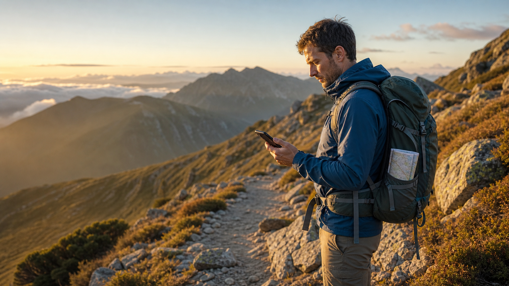 Hiker checking a rugged phone on a mountain trail with a paper map in his backpack