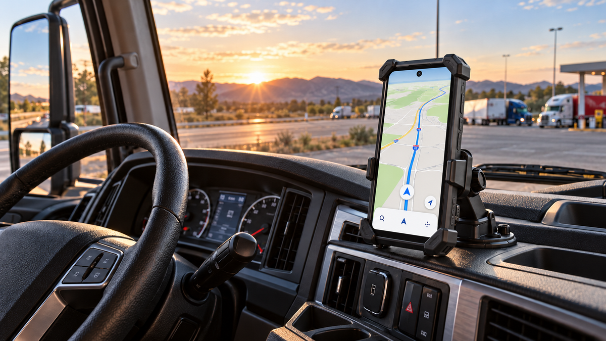 Rugged smartphone navigation setup for a long-haul truck driver