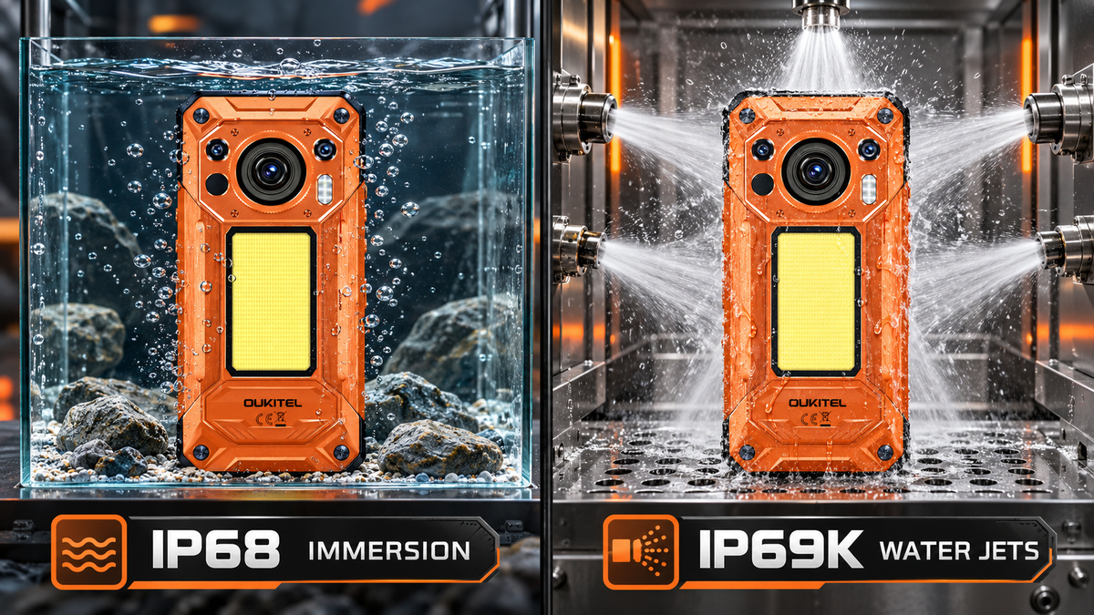 OUKITEL rugged phone shown in IP68 immersion and IP69K water jet tests