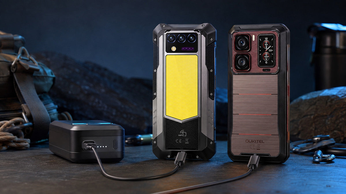 OUKITEL WP100 Titan and WP300 rugged phones demonstrating wired reverse charging