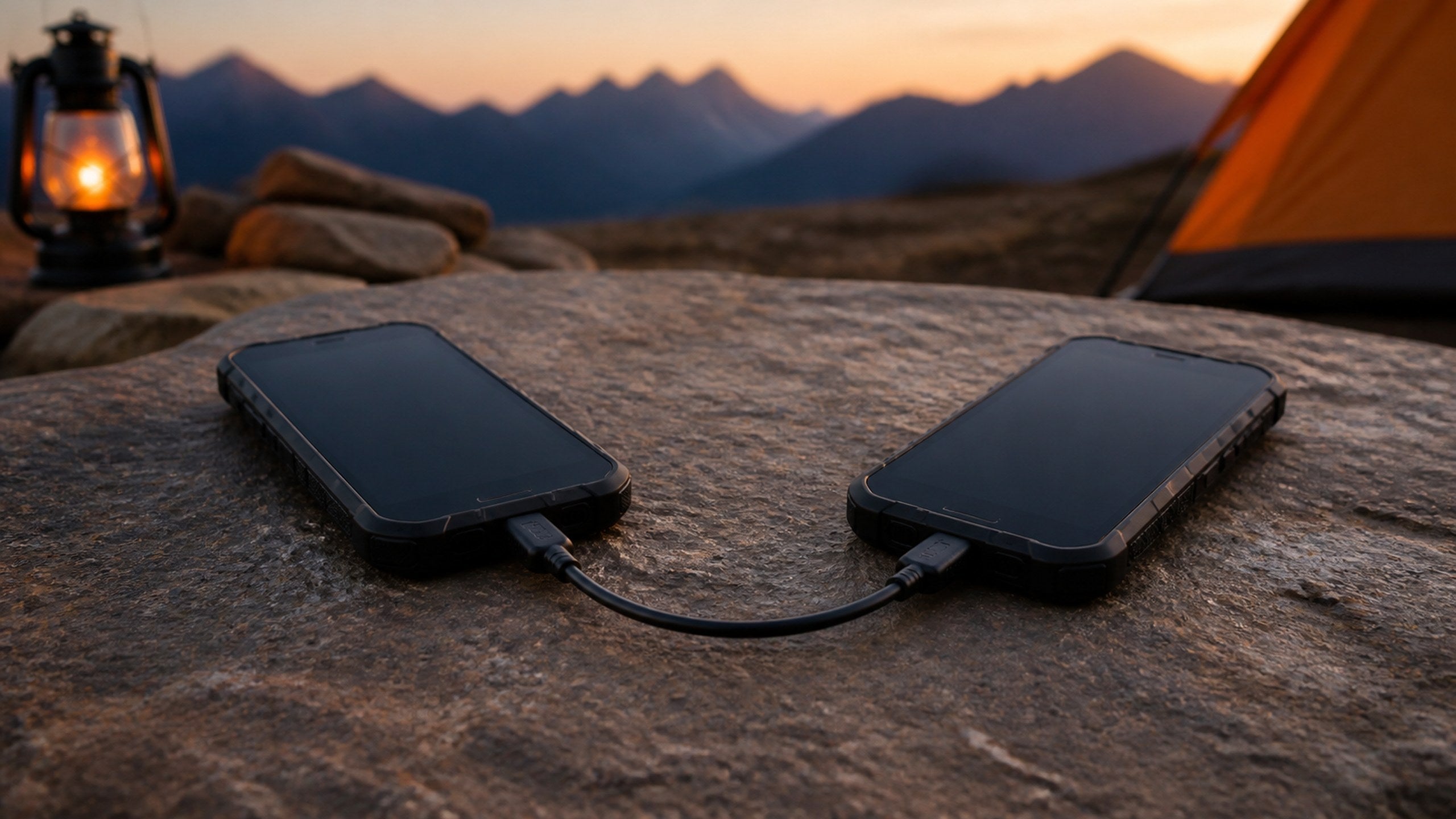 Two rugged phones connected by USB-C for emergency reverse charging at a mountain campsite