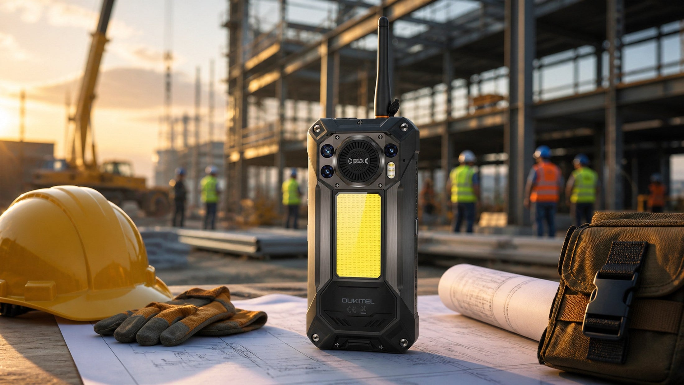 OUKITEL WP61 Plus rugged phone on construction plans at an active jobsite