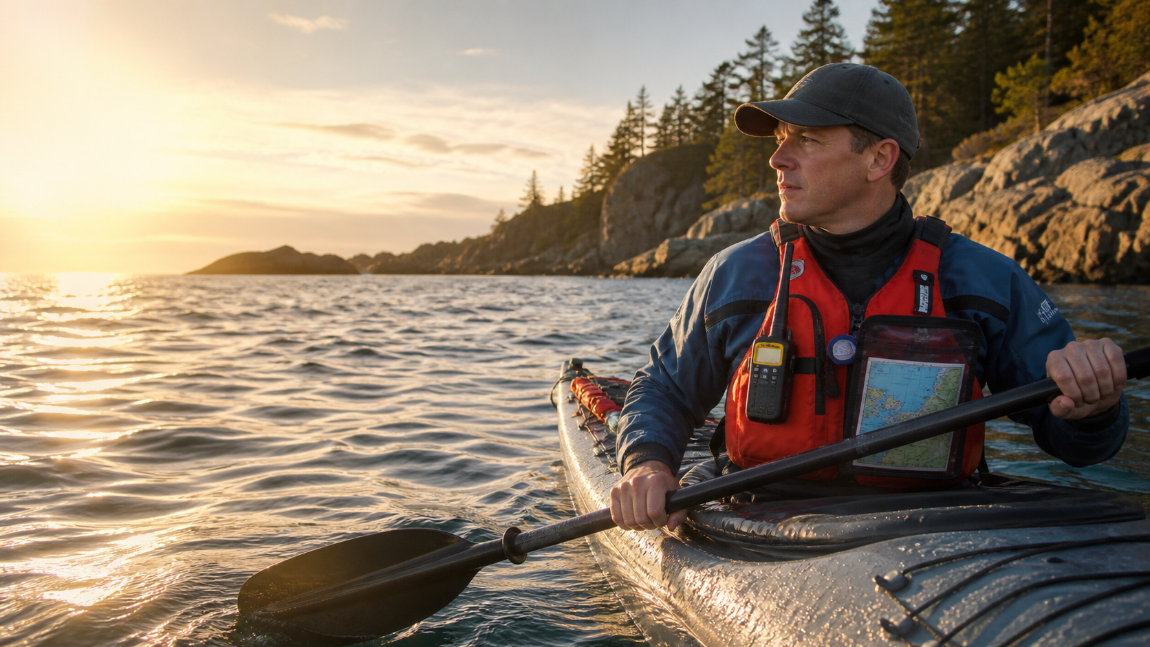 Sea kayaker wearing a PFD with a marine chart and waterproof VHF paddles beside a rugged coastal shoreline at golden hour