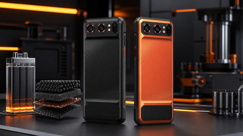 Orange and black OUKITEL WP68 Air phones beside silicon-carbon battery materials