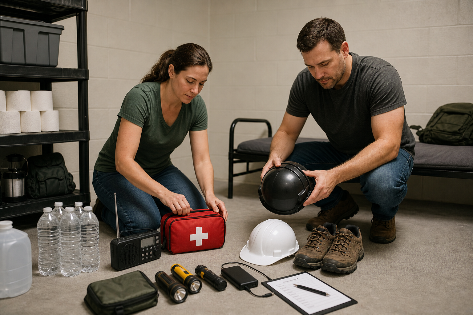 Two adults organize a weather radio, first-aid kit, helmets, sturdy shoes, water, flashlights, and backup power in a windowless tornado shelter