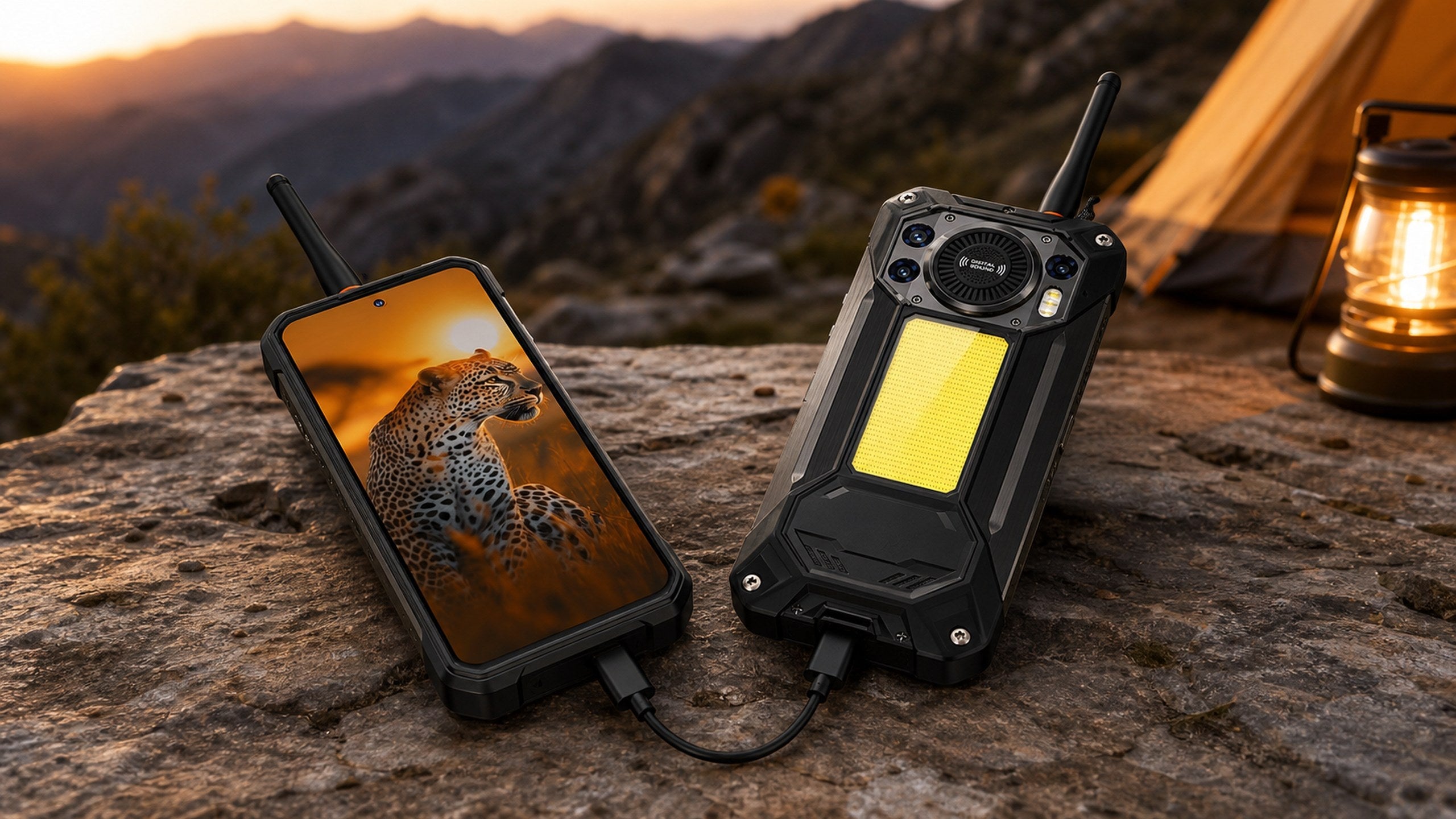 Two OUKITEL WP61 Plus rugged phones connected for USB-C reverse charging at a mountain campsite