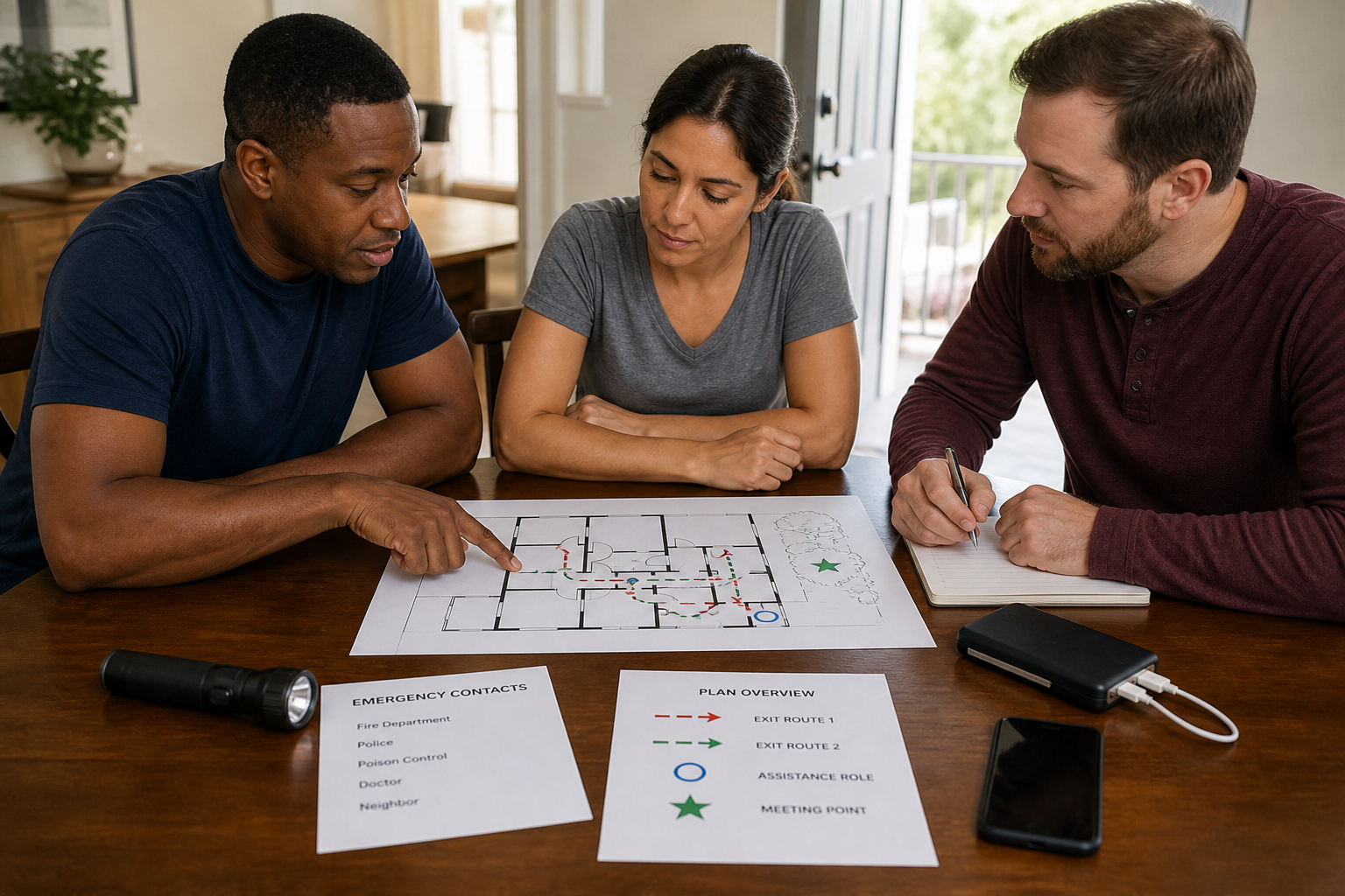 Adults review a home fire escape plan with two exit routes, emergency contacts, assigned assistance roles, and an outdoor meeting place