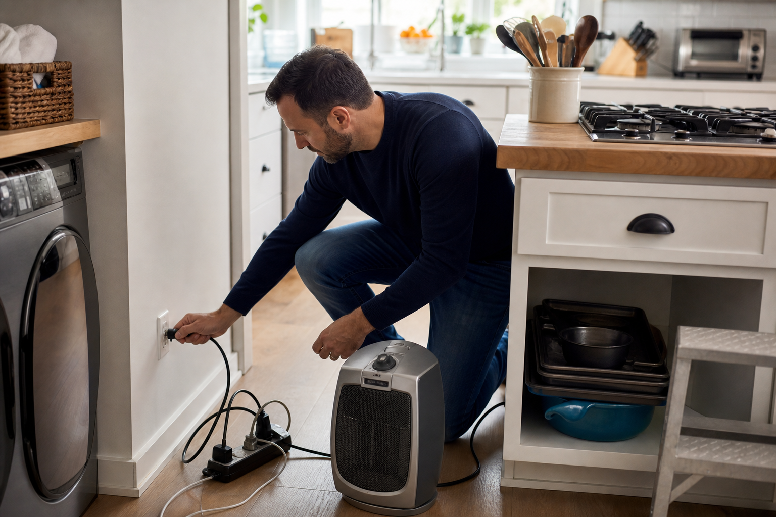 Adult homeowner checks an electrical outlet, power strip, kitchen appliance, and space heater for overheating, damage, and unsafe clearances