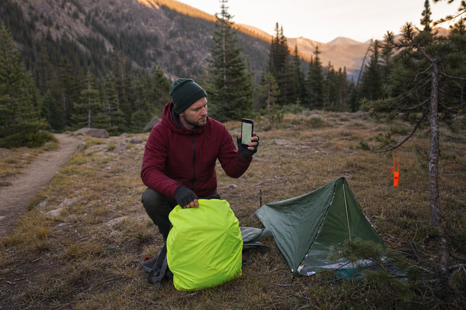 Hiker staying in a safe clearing with an emergency shelter, bright pack cover, whistle, and phone location screen