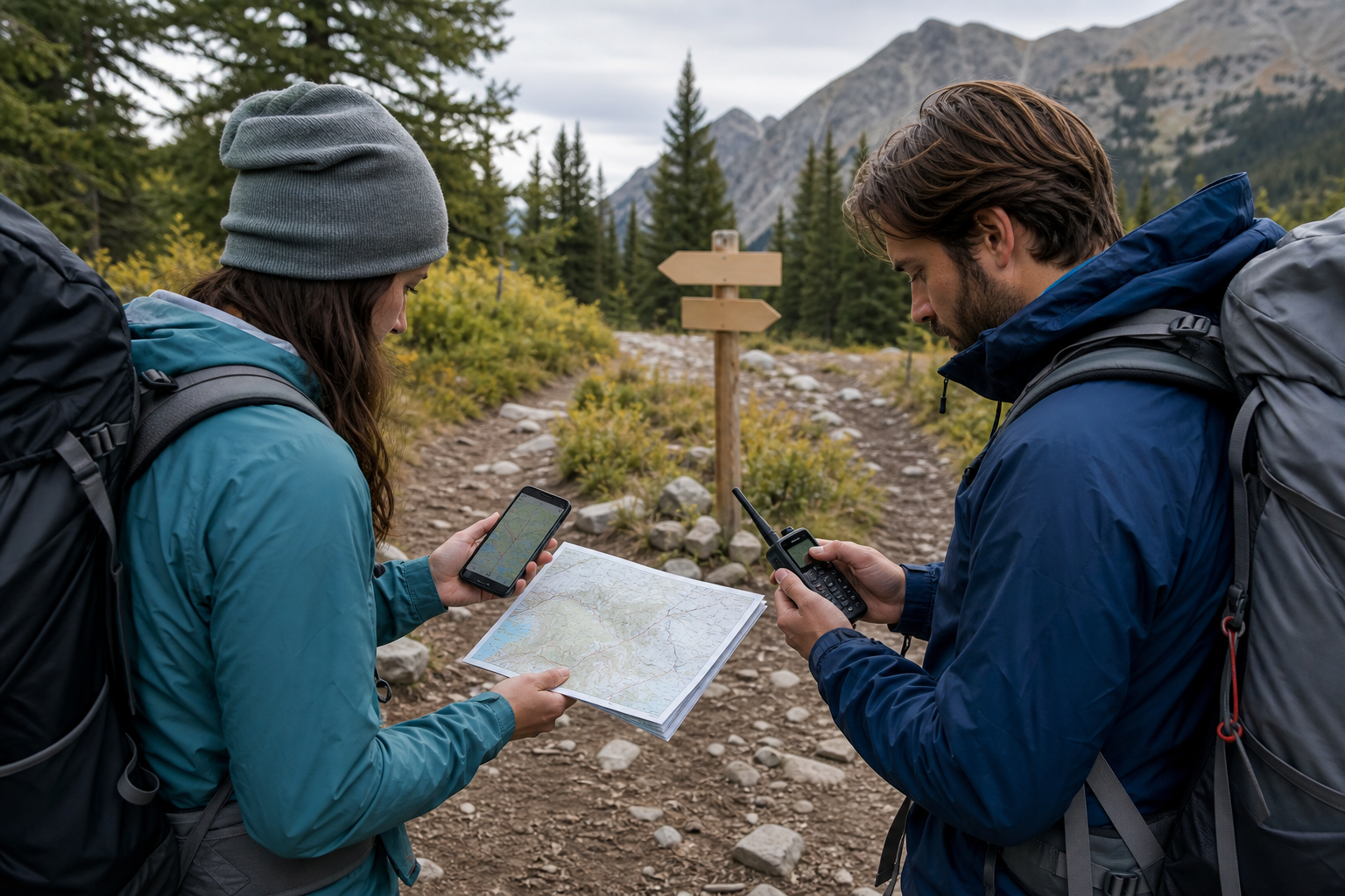 Two hikers checking an offline phone map, paper map, and handheld radio together at a mountain trail junction