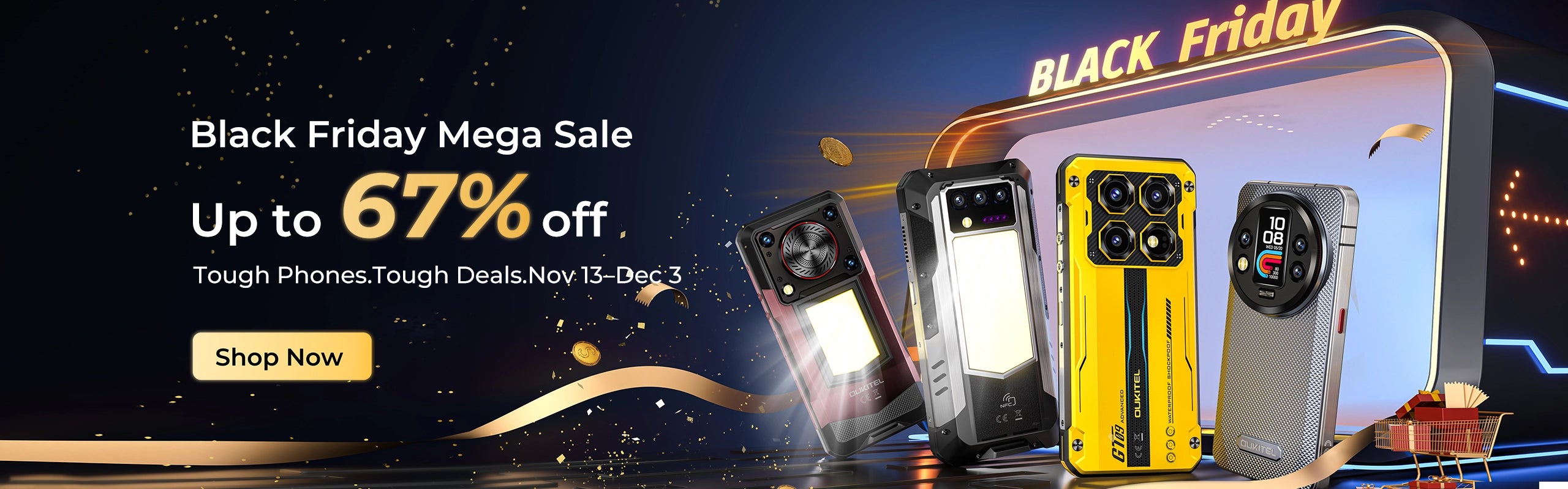 OUKITEL Black Friday Sale desktop banner showing up to 67% off on smartphones, tablets, and rugged devices.