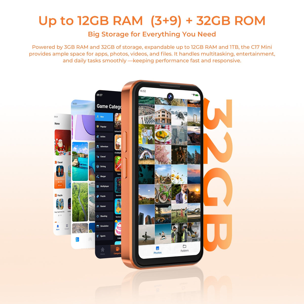 C17 Mini smartphone displaying multitasking capabilities with 12GB RAM (3+9) + 32GB ROM expandable storage for photos, videos, and apps.