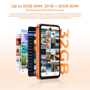 C17 Mini smartphone displaying multitasking capabilities with 12GB RAM (3+9) + 32GB ROM expandable storage for photos, videos, and apps.