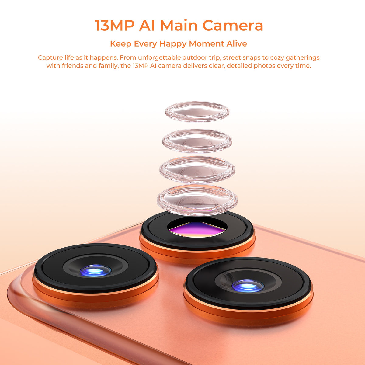 Close-up of the C17 Mini smartphone's 13MP AI main camera lens system showing detailed optical layers.