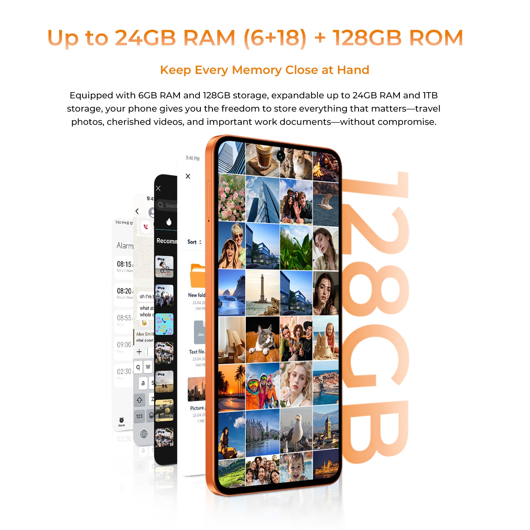 OUKITEL C26 with 6GB RAM, expandable to 24GB, and 128GB ROM for ample storage of photos, videos, and documents.