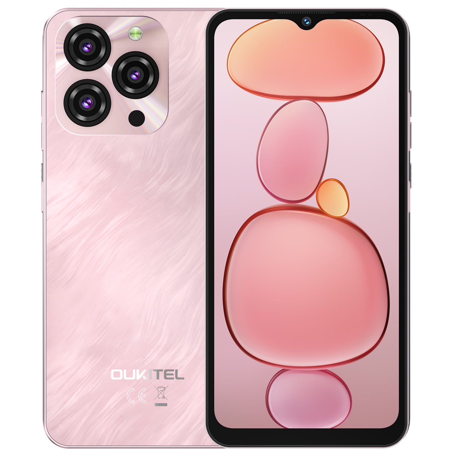 OUKITEL C3 smartphone in pink color featuring a stylish design with front and rear view.

