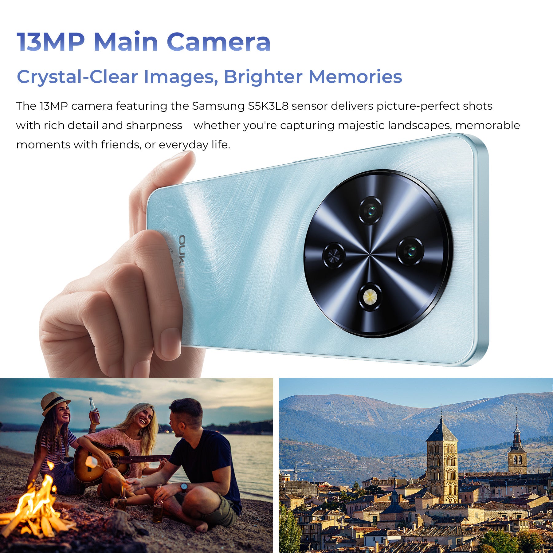 OUKITEL C5 smartphone with a 13MP main camera featuring the Samsung S5K3L8 sensor, delivering crystal-clear images for capturing landscapes, portraits, and everyday moments with sharp detail.