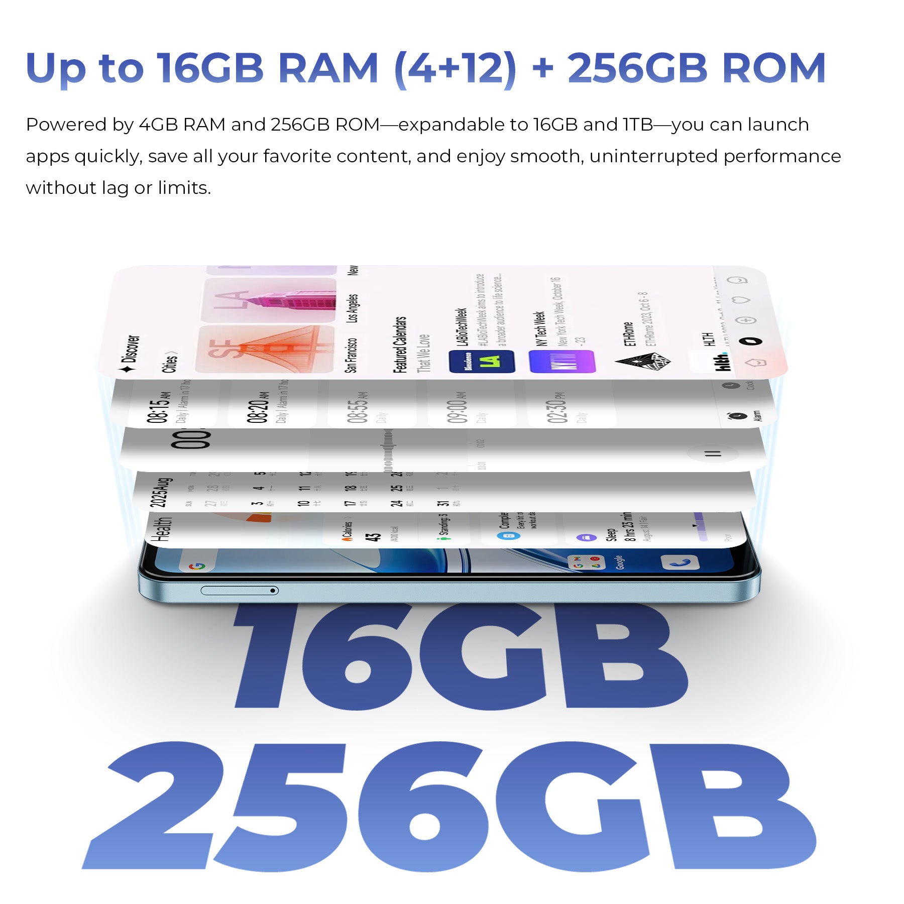 OUKITEL C5 smartphone with up to 16GB RAM (4GB+12GB) and 256GB ROM, offering smooth performance and the ability to expand storage up to 1TB, ensuring lag-free app launches and uninterrupted use.