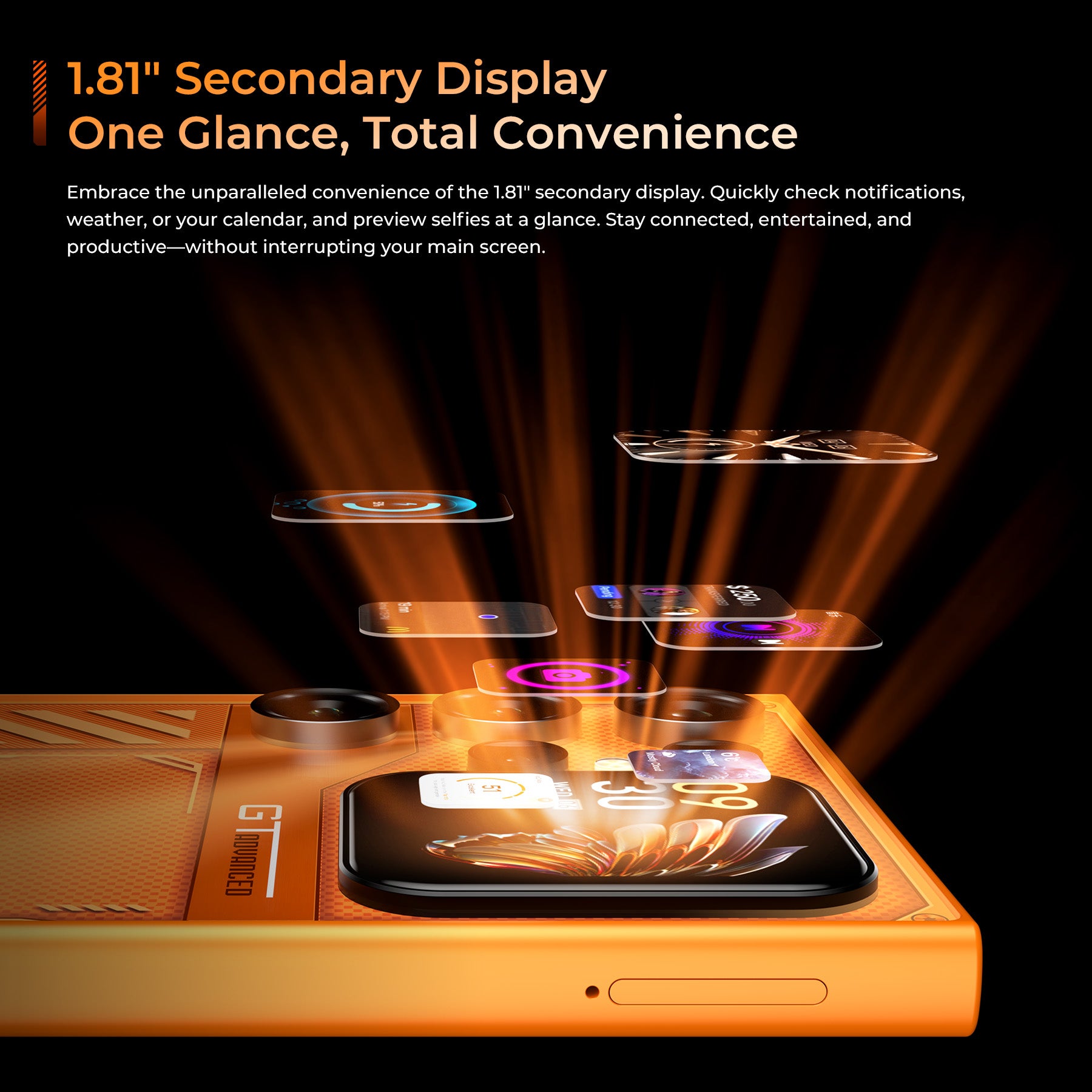 OUKITEL C62GT smartphone featuring a 1.81-inch secondary display for quick glance access to notifications, weather, calendar, and selfie previews, offering total convenience without interrupting the main screen.