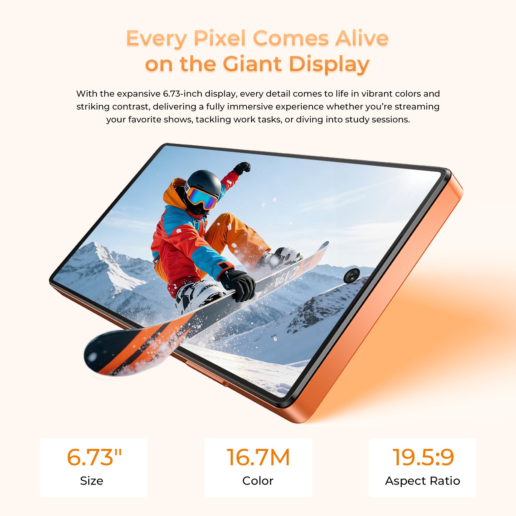 OUKITEL C66 features a 6.73-inch display with 16.7 million colors and a 19.5:9 aspect ratio for vibrant and immersive visuals, perfect for streaming, work tasks, and study sessions.