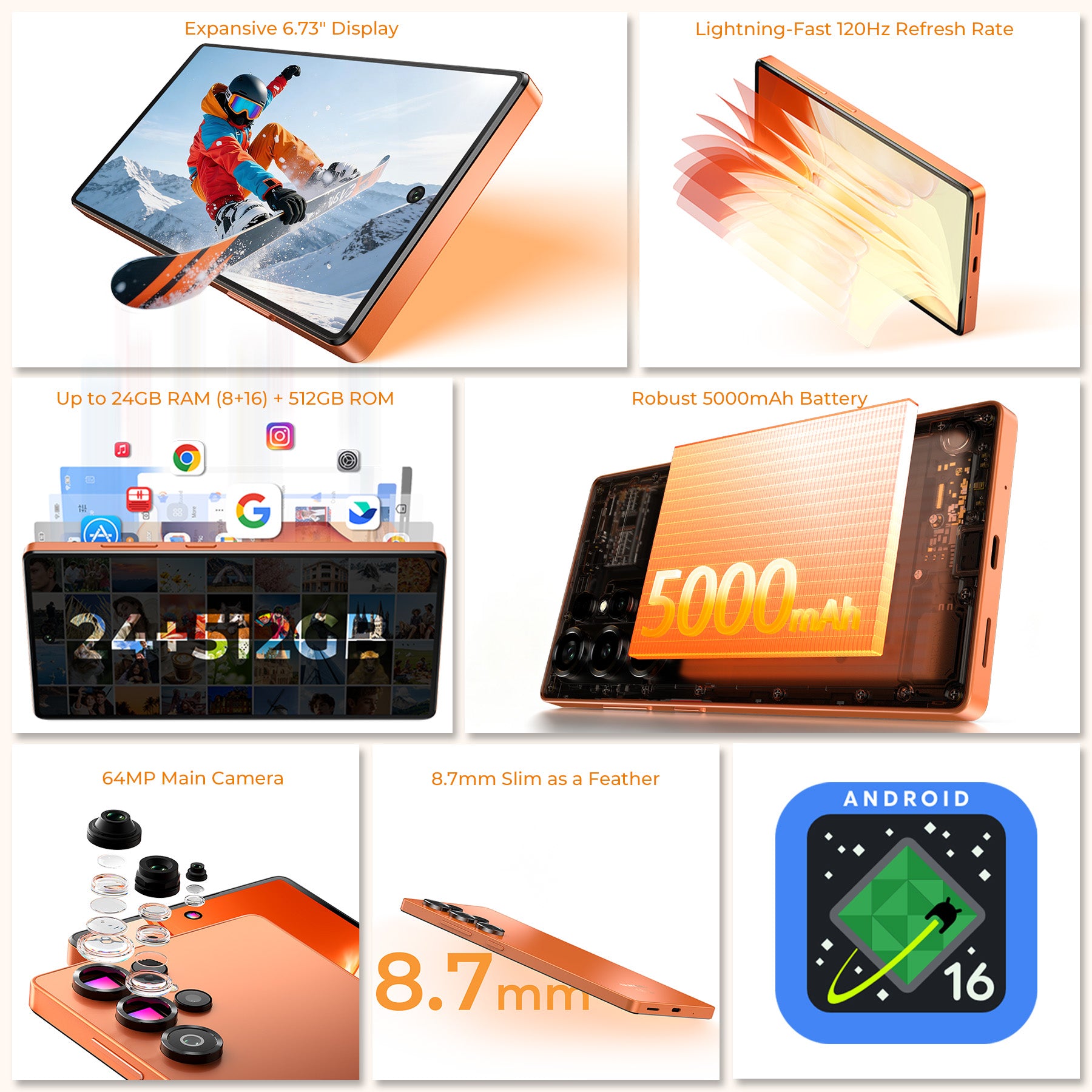 OUKITEL C66 smartphone features a 6.73" display with a 120Hz refresh rate, 24GB RAM + 512GB ROM, 64MP camera, 5000mAh battery, slim 8.7mm design, and Android 16 for superior performance and user experience.