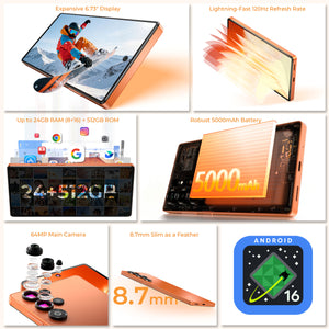 OUKITEL C66 smartphone features a 6.73" display with a 120Hz refresh rate, 24GB RAM + 512GB ROM, 64MP camera, 5000mAh battery, slim 8.7mm design, and Android 16 for superior performance and user experience.