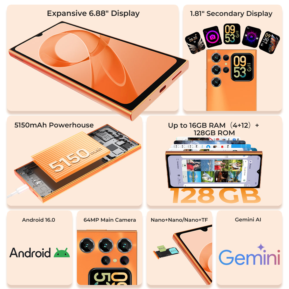 OUKITEL C72 smartphone with expansive 6.88" primary display, 1.81" secondary display, 5150mAh battery, up to 16GB RAM (4+12 virtual), 128GB ROM, Android 16.0, 64MP main camera, dual Nano SIM or Nano+TF card slot, and Gemini AI
