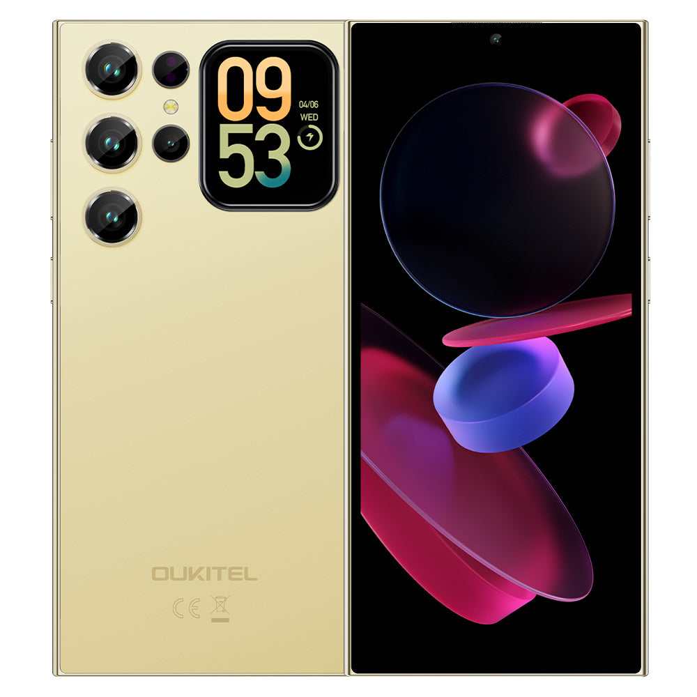 OUKITEL C72 smartphone with expansive 6.88" primary display, 1.81" secondary display, 5150mAh battery, up to 16GB RAM (4+12 virtual), 128GB ROM, Android 16.0, 64MP main camera, dual Nano SIM or Nano+TF card slot, and Gemini AI