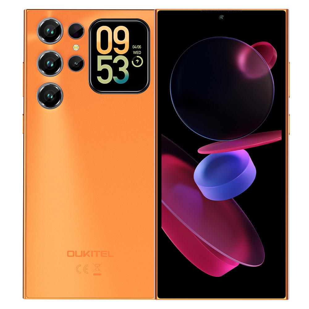 OUKITEL C72 smartphone with expansive 6.88" primary display, 1.81" secondary display, 5150mAh battery, up to 16GB RAM (4+12 virtual), 128GB ROM, Android 16.0, 64MP main camera, dual Nano SIM or Nano+TF card slot, and Gemini AI