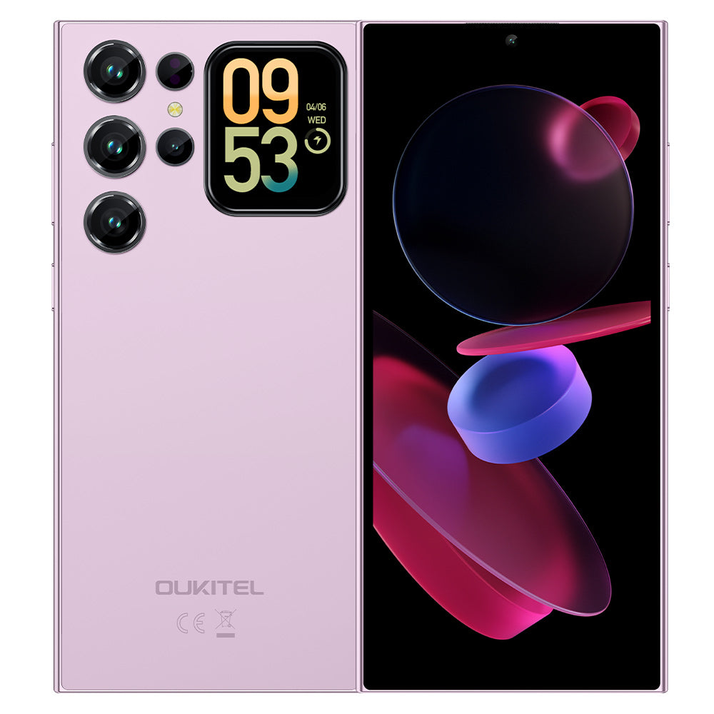 OUKITEL C72 smartphone with expansive 6.88" primary display, 1.81" secondary display, 5150mAh battery, up to 16GB RAM (4+12 virtual), 128GB ROM, Android 16.0, 64MP main camera, dual Nano SIM or Nano+TF card slot, and Gemini AI